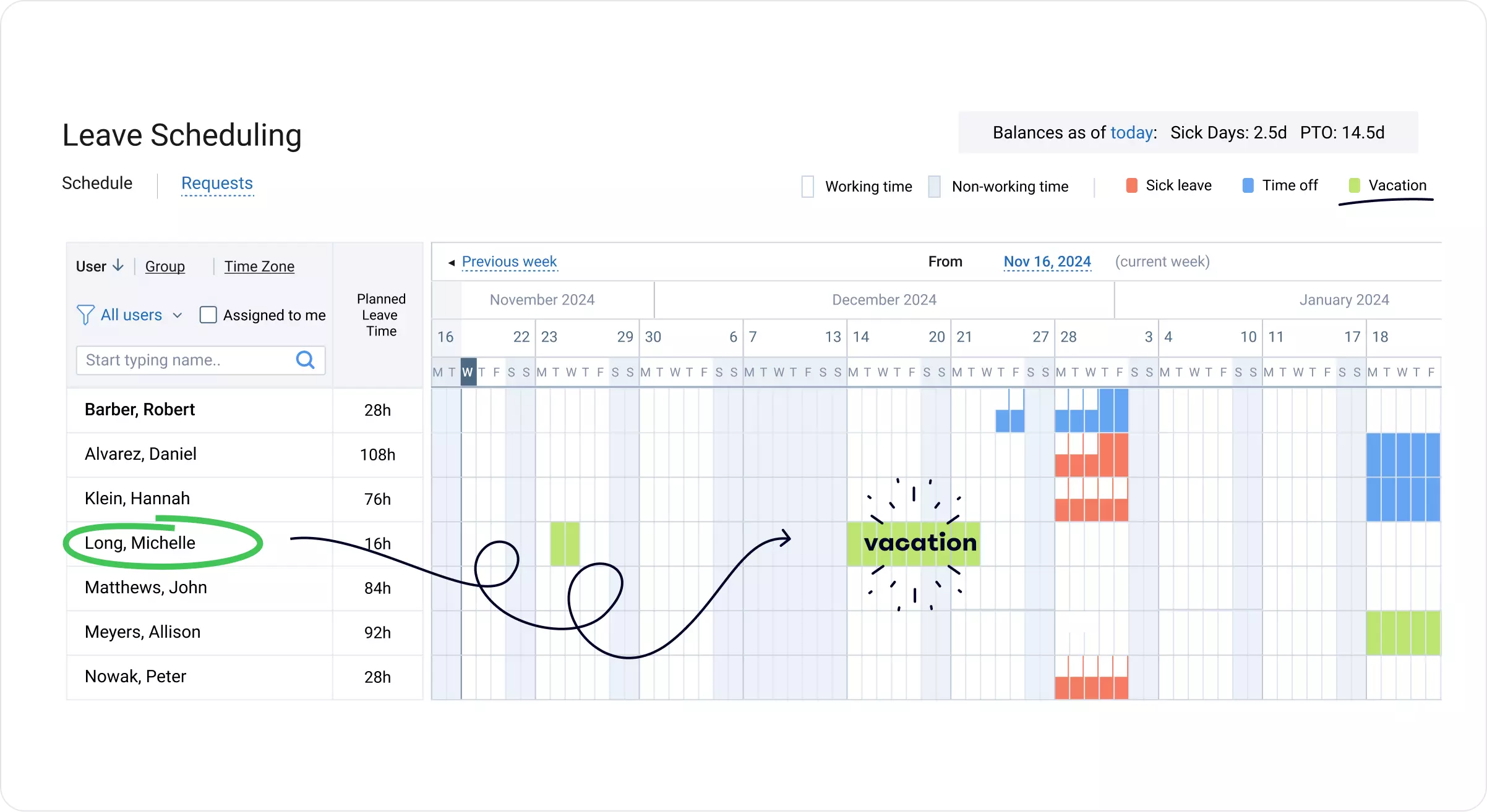 Leave management interface in actiPLANS