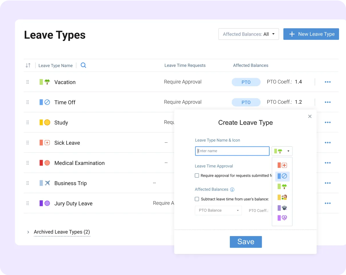 Create custom leave types in actiPLANS that fit your workflow