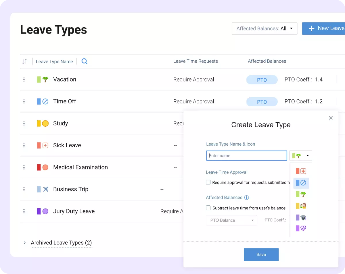 Create custom leave types in actiPLANS that fit your workflow