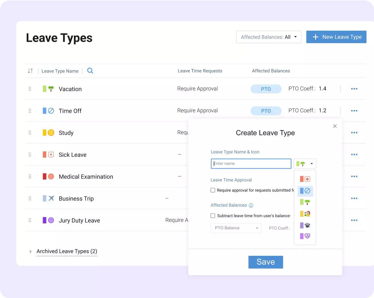 Create custom leave types in actiPLANS that fit your workflow