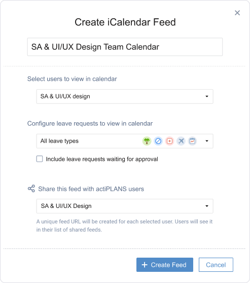 Configuration of data types available in actiPLANS when creating a new iCal feed