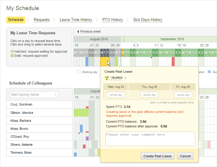 Access to leave time for past dates