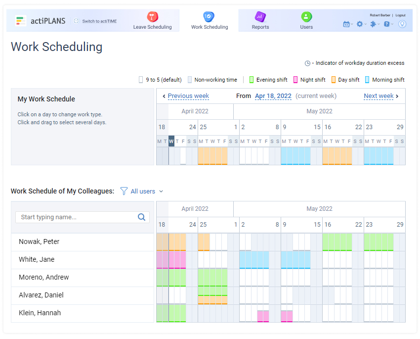 My Work Schedule / Work Schedule of My Colleagues in actiPLANS