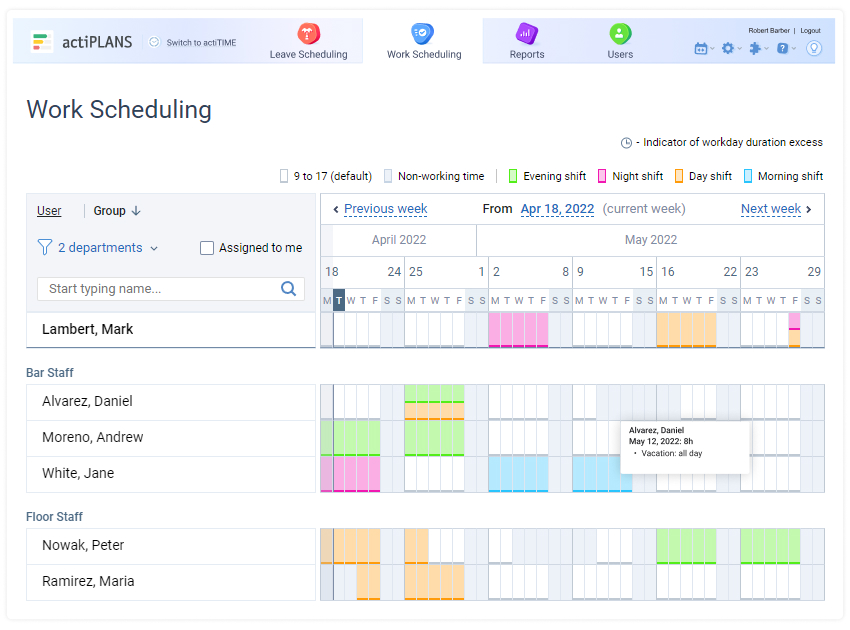 Work Scheduling interface with a tooltip, actiPLANS