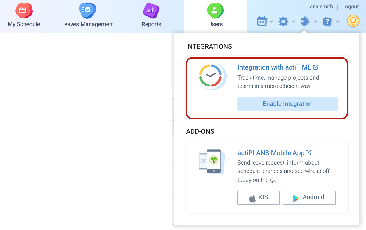 Integrate actiTIME with actiPLANS