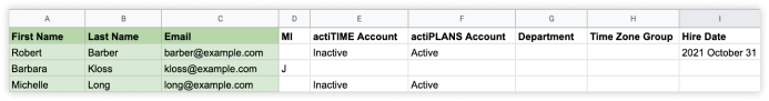 A sample of CVS file with users list