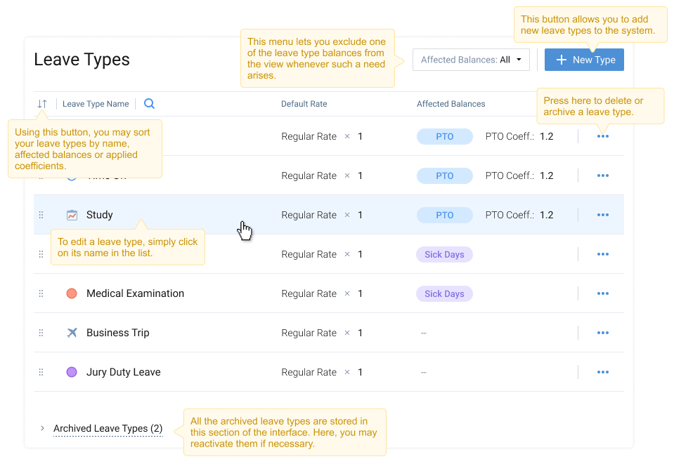 Leave Types interface