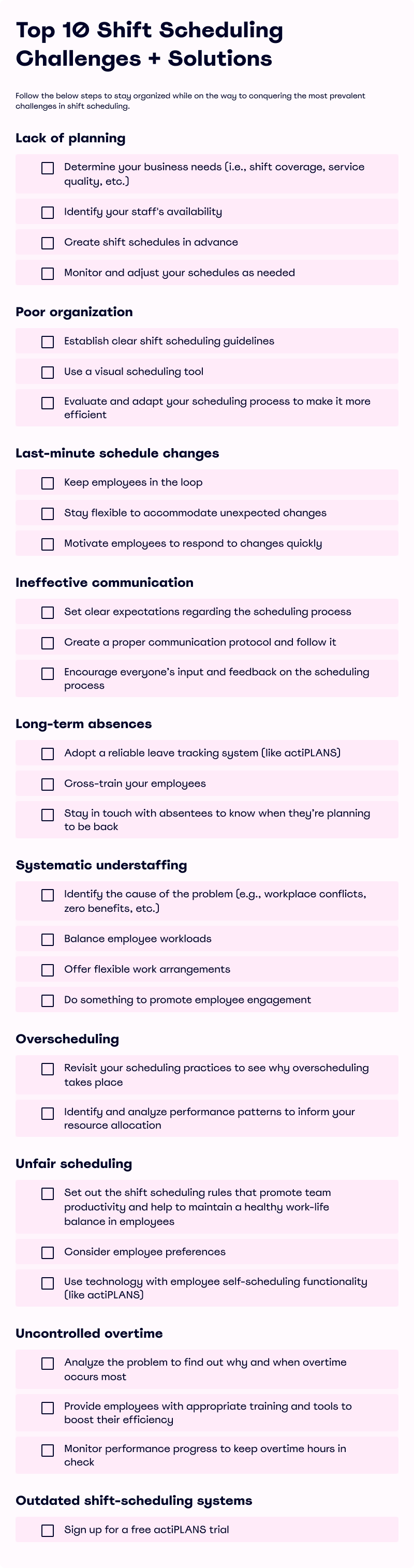 Shift scheduling challenges checklist