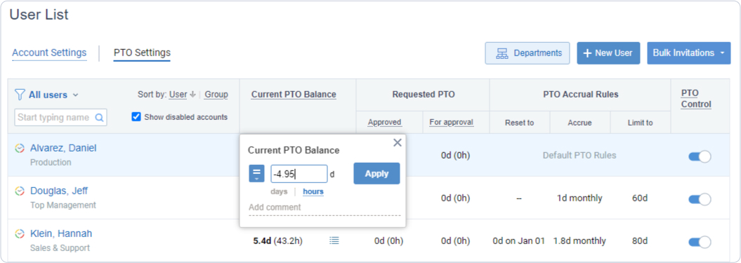 Manual adjustments in PTO balances