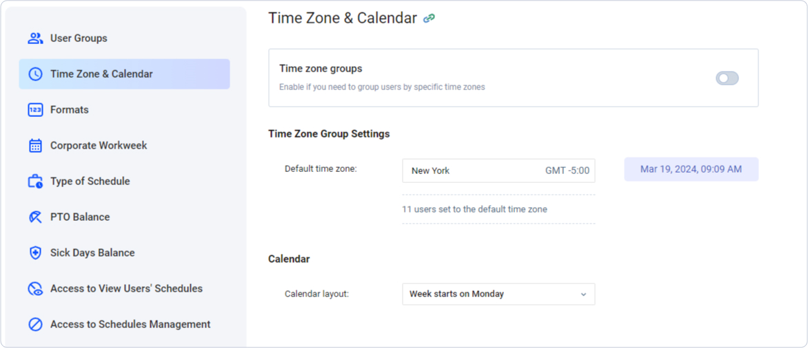 Time Zone & Calendar settings