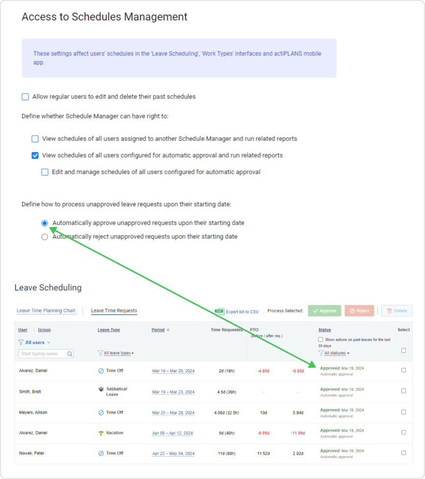 Schedule settings, actiPLANS