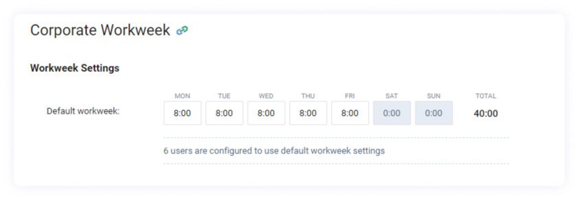 Shared corporate workweek settings