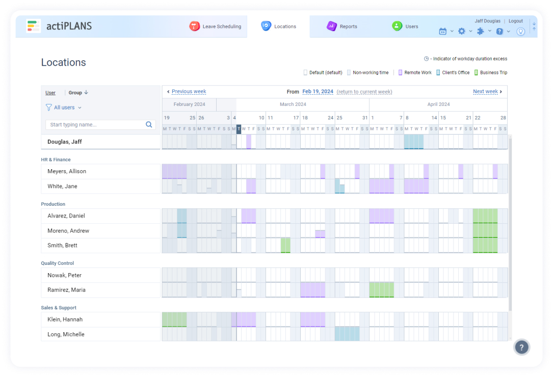 Locations interface, actiPLANS